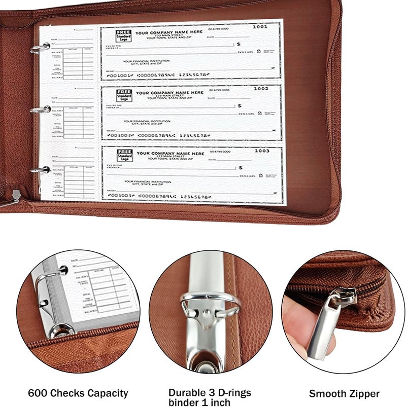 LLi Cufite 3 Rings Check Binder for End-Stub Deskbook Checks, Zipper Business Check Binder, 3 on a Page, Fit 3 & 9 Holes Check Faux Leather (Brown) - Image 4
